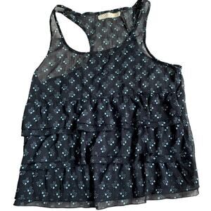 Pins and Needles Tank Top Womens X Small Black Blue Printed Ruffle Tiered Urban